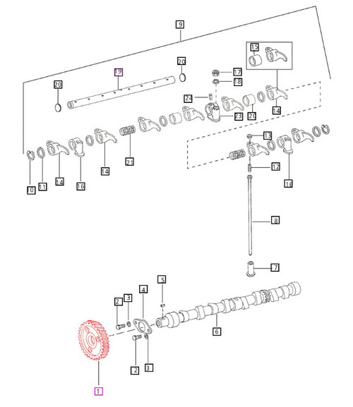 Mahindra camshaft gear 006008140D1 shown as a hardened steel timing gear that mounts on the camshaft of 3825, 4025, 4525, 3535, 4035, 4535 and 5035 engines, ensuring correct valve and injection timing relative to the crankshaft.