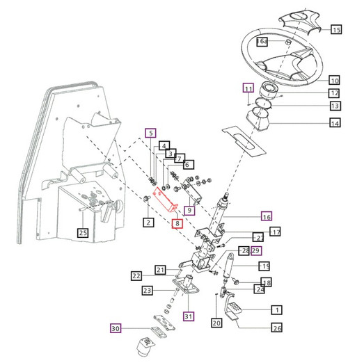 Tilt steering mounting bracket for Mahindra 7060, 8560, mPower 75P, and mPower 85P 4WD cabin tractors, available in left-hand (E007604745D1) and right-hand (E007604750D1) versions, mounts the adjustable steering column inside the cab; choose LH or RH from the driver’s seat perspective.