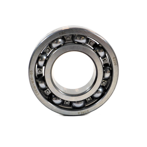 Mahindra ball bearing V6001106206 shown as a standard 6206 deep‑groove ball bearing (30 mm inner diameter, 62 mm outer diameter, 16 mm wide) used to support rotating shafts in PTO clutches, front gear cases and 4WD drive or power‑shift gear trains on various Mahindra compact and higher‑horsepower tractors.