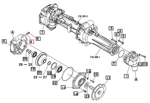 Mahindra copper M8 sealing washer 08331000800 for sealing M8 fittings at the front axle, brake housing, fuel line, and HST control components on various 15, 16, Max, Max XL, 1500, and 1600 Series tractors.