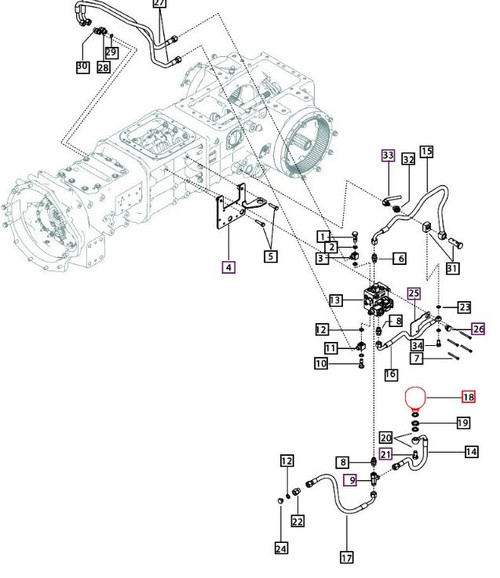 Mahindra 0.3L hydraulic accumulator E007205079D1 used in the transmission case and PTO valve hydraulic circuits on selected 35, 3500, 3600, 6000, and 7000 Series tractors including 3535, 4035, 4535, 5035, 3540, 3550, 3640, 3650, 6065, 6075, 7085, and 7095.
