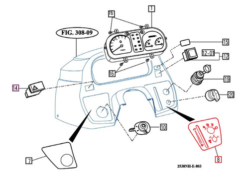 Mahindra RH control panel label 13016031030 for Mahindra 4010 HST, 2538 HST, 2538 HST Cab, 2638 HST OS and 2638 HST Cab tractors, used on the right side of the instrument panel to mark and identify operator control lever positions.