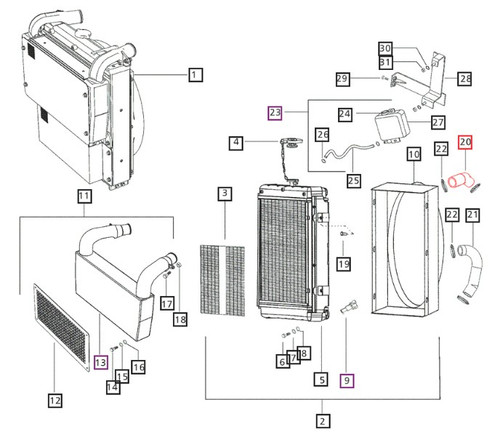 Mahindra thermostat to radiator hose E006007228F1 for Mahindra 5530, 6030, 6530 and 3550 tractors, used in the engine cooling system to route coolant from the thermostat housing to the radiator.
