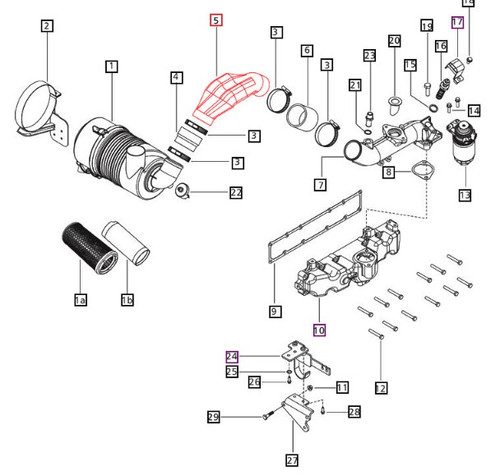 Mahindra air intake duct E006005565D1 for Mahindra 3535, 4035, 4535, 5035, 3540, 3550, 3640 and 3650 tractors, used in the engine air intake system to channel clean air from the air cleaner into the intake plumbing ahead of the manifold.