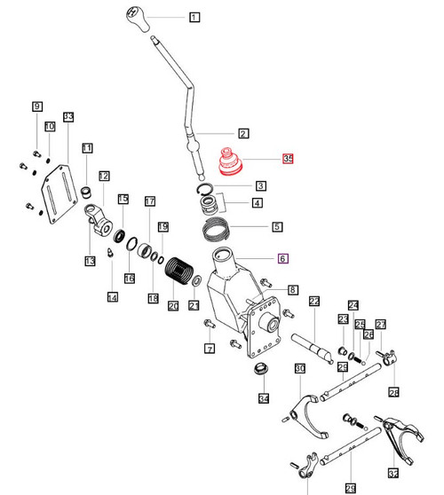 Mahindra rubber boot lower 007600106D1 for speed and range gear shift levers on Mahindra 20 Series 5520 6520 7520, 60 Series 7060 8560, 8000 Series 8090 8100, and mPower 75 85 tractors, used to seal the transmission around the gear shift levers.