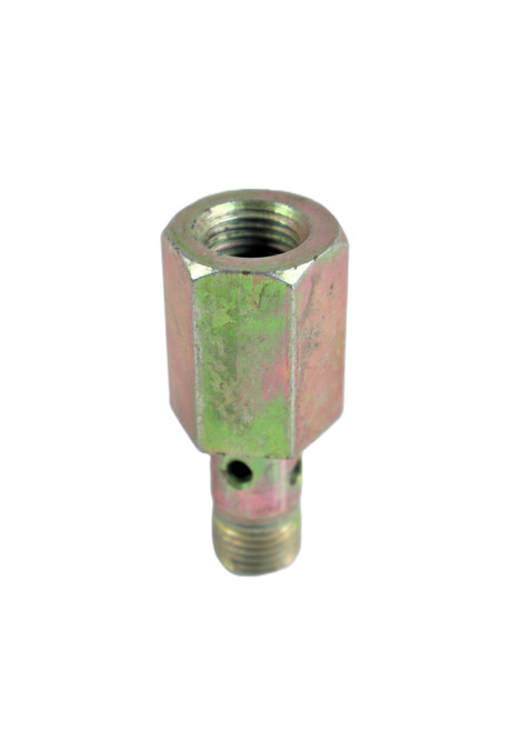 Mahindra oil gallery adapter 006009374F1 for Mahindra 30 Series 5530 6030, 60 Series 7060 8560, 5500 Series 5555 5565 5570, 2500 Series 2555 2565, and 2600 Series 2655 2660 2665 2670 tractors, used to connect the engine oil gallery at the crankcase and exhaust system.