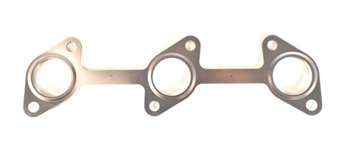 Mahindra exhaust manifold gasket E570012362 E5700-12362 for eMax T4 Series eMax 22 Gear, eMax 22 HST, eMax 25 HST, eMax 22 Steel Gear, eMax 22 Steel HST, and eMax 25 Steel HST tractors, seals the exhaust manifold to the engine head in the manifold group.