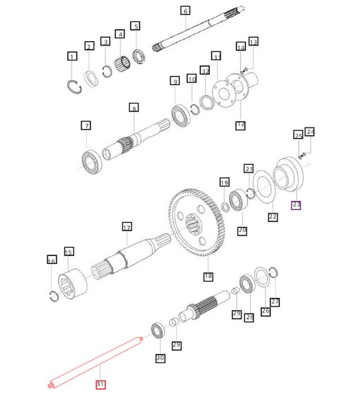 Mahindra center PTO shaft 006504759C1 for Mahindra 30 Series 5530 6030 6530 and 5500 Series 5555 5565 5570 tractors, used in the IPTO and SLPTO gear trains to transmit power to the rear PTO.