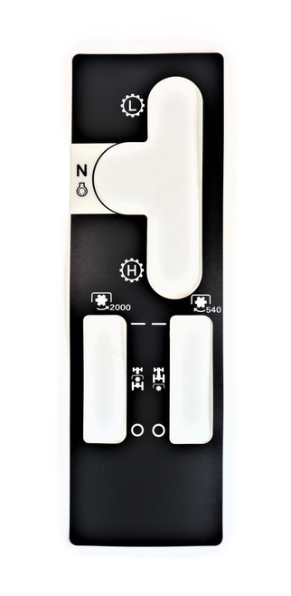 Hi/Low range decal 19632715000 for Mahindra 2015 and 2216 tractors, adhesive sticker used on the transmission area to show the hi and low range shift pattern for the range selector lever.