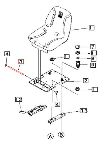 Mahindra seat pivot pin 10353407000 for 1815, 2015, 2415, 2615, 2815, 3015, and 3215 tractors, straight steel pin that forms the hinge point between the seat and mounting bracket.
​