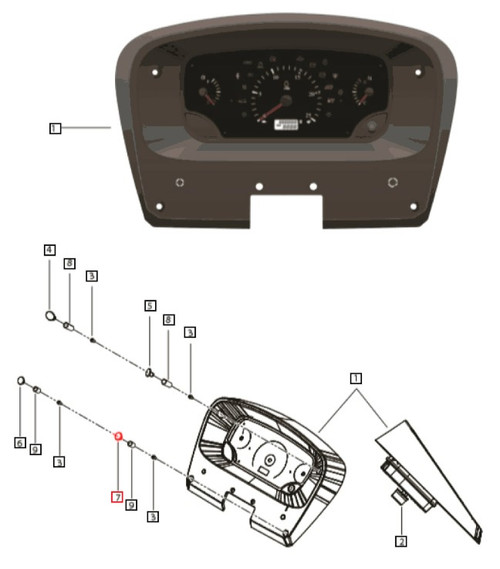 Mahindra bottom right-hand instrument cluster plug 007637748U1 for electrical instrument cluster on 6000 and 7000 Series tractors including 6065 2WD, 6065 4WD, 6075 4WD, and 7085 4WD.