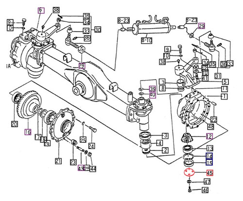 Mahindra front axle wheel cap seal 15604342430 for early 10 Series 2810 4WD gear tractor with old sheet metal, serial numbers 281S through 281U, front final drive case and knuckle arm.