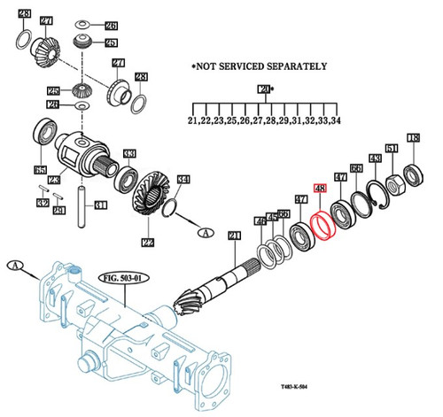 Mahindra front differential pinion collar 16704112120 for compact 4WD tractor front axle assemblies, fits 10 Series and 2500/2600 Series models to locate and support the front differential pinion gears and shaft.