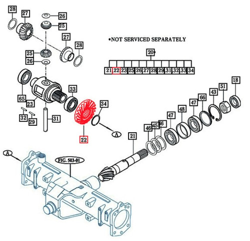 Mahindra OEM front differential bevel gear 23T 16704112110 for 10, 2500 and 2600 Series 4WD tractors restores proper torque transfer and smooth, reliable 4WD performance in the front axle differential.