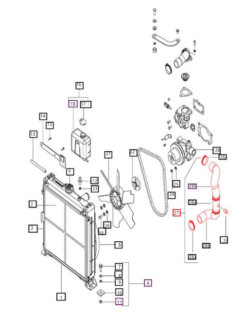 Mahindra block heater housing assembly with hoses 006006174D91 / 006006174D92 / E006006174D91 for Mahindra 35, 3500 and 3600 Series tractors, used in the engine cooling system to circulate warmed coolant for easier cold‑weather starting; heating element not included.