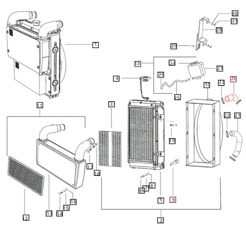 Mahindra thermostat to radiator hose E006007227F1 for Mahindra 25 Series 5525/6525, 60 Series 7060/8560 and mPower 75/85 4WD tractors, used in the radiator and intercooler assembly to route engine coolant from the thermostat outlet to the radiator inlet.