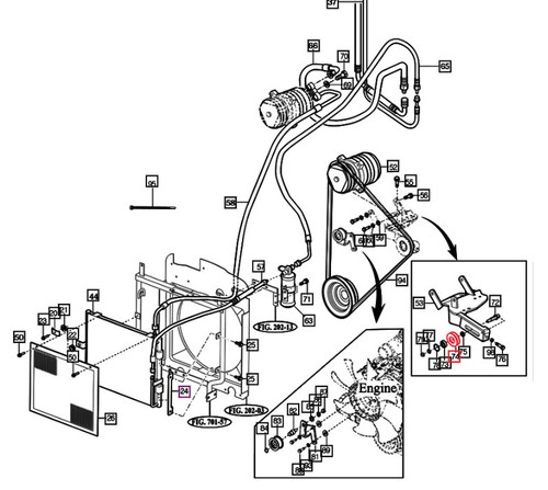 Mahindra A/C mid compressor bracket pulley 14622100532GB / 14622100531GB shown as a grooved belt tensioner/idler pulley mounted on the compressor bracket to tension the air conditioning drive belt on 10 Series, 2500/2600 Series and mForce 100 cabin tractors.
