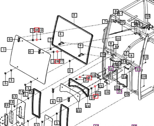 Mahindra cab glass washer 15817401140GB, size 7 x 36 x 3 mm, for front and rear glass mounting on Mahindra 10, 2500, 2600, eMax, eMax L and eMax 20S cab tractors, used to support and protect the cab glass around mounting bolts.