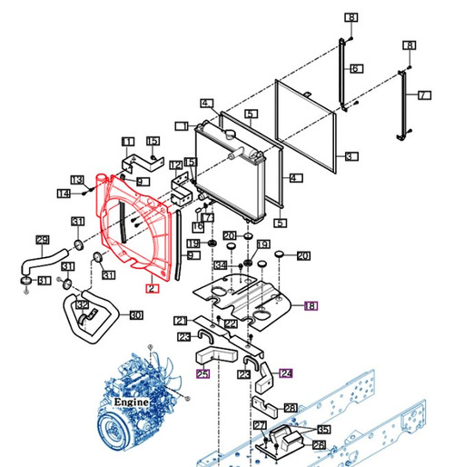 Mahindra radiator shroud 11611511900 molded fan shroud for eMax 20S HST open station and cab tractor radiator assembly.