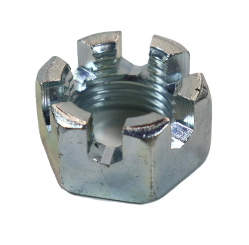 Mahindra castle nut A3130101601 for Mahindra 15, 16, Max, 1500, 1600 and Max XL Series tractors, used to secure the power steering cylinder or steering linkage to the front axle with a cotter pin (sold separately) for safe, locked retention.