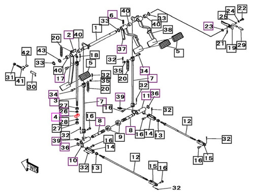 Mahindra clutch and brake pedal linkage pin 19631811000 for 2015, 2615, 3015, 2816, and 2216 tractors, OEM C/B control pin that connects the clutch and brake pedals to the control linkage.