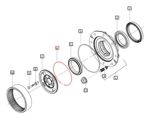 Mahindra 4WD front axle wheel hub lock ring 006514879U1, sold individually and used two per tractor on the front wheel hubs of Mahindra 6065, 6075, 7085 and 7095 4WD tractors to retain the hub assembly.
