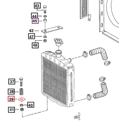 Mahindra radiator rubber cushion pad 003041407R2, superseding 003041407R1, used as the rubber mounting pad under the radiator tanks on numerous Mahindra 05, C, 25, 35, 2500, 3500 and 3600 Series tractors including 3505, E350, C27, C35, 3325, 3525, 3825, 4025, 4525, 5525, 6025, 3535, 4035, 4535, 5035, 3540, 3550, 3640 and 3650 to isolate vibration and support the radiator.
