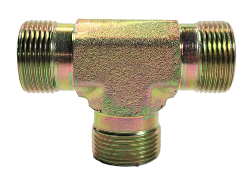 Mahindra hydraulic equal T fitting 007201986D1 for return line, used to join hydraulic pressure/return line piping on Mahindra 5520, 6520, 7520, 7060, 8560, mPower 75, mPower 85, 8090 and 8100 tractors in the three‑point hitch hydraulic system.