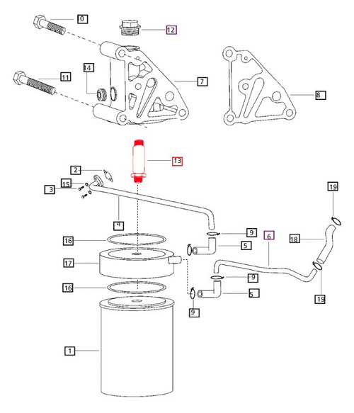 Mahindra oil cooler connecting plug 006000336F1 for the lubrication oil cooler and filter assemblies on Mahindra 5525, 5520, 4500, 5500, 6000, 4530, 5530, 6030, 6530 and 5545 tractors, used to plug and seal the oil cooler connection ports in the engine lube system.