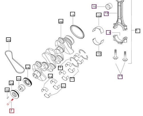 Mahindra crankshaft pulley bolt 006007165F1, M10 x 1 x 60 hex head, used on 7060, 8560, mPower 75P, mPower 85P, 8090, 8100, 9110 and 9125 CAB tractors to secure the crankshaft pulley and related crank train components.