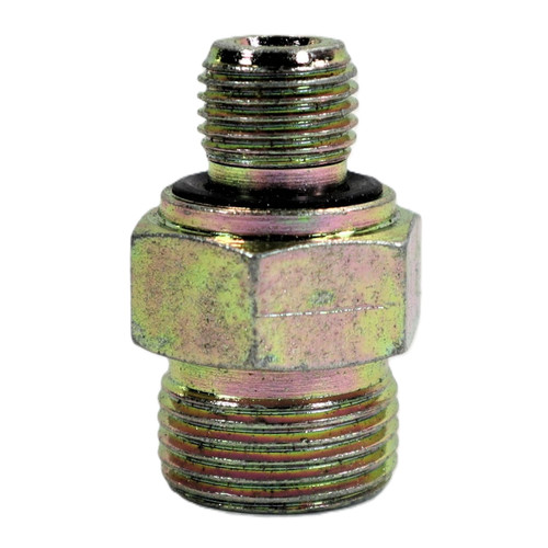 Mahindra hydraulic male stud coupling E007204398D1, G1/4 12 mm pipe, used on Mahindra 35, 3500, 3600, 6000, 7000 and 8000 Series tractors in transmission case, PTO control, PST valve and power steering hydraulic lines.