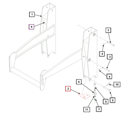 Mahindra loader hinge assembly KMW10011094 for KMW ML104, ML106, ML108C, ML108H, and ML112 front end loaders, OEM hinge that connects the loader frame to the subframe on Mahindra 2015, 2216, 2615, 2810, 2816, 3510, and 4110 tractors.