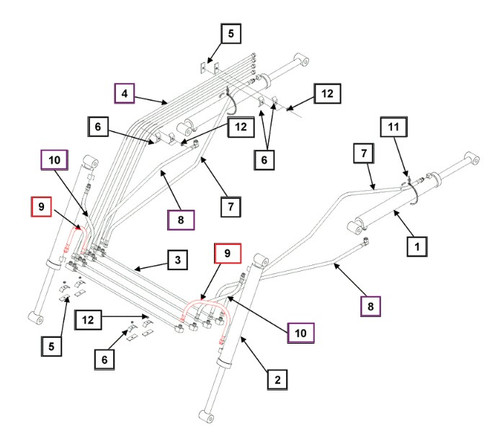 Mahindra hydraulic hose assembly KMW05822106506018 for KMW ML112, ML114, ML214, ML230 and ML264 front‑end loaders, used as a rubber pressure line between the loader hydraulic valve, cylinders and steel tubelines to power lift and bucket functions.