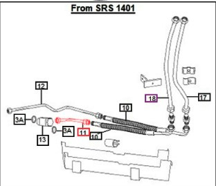 Mahindra power steering pipe 007201743C1 shown as a formed steel tube that runs from the power steering flexible hose to the front axle steering cylinder on 4WD 5500, 6000 and 6500 tractors in the revised high‑clearance steering layout.