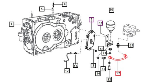 Mahindra PTO CV to accumulator hose E007204965D2 shown as a formed hydraulic hose with crimped fittings that routes inside or along the transmission case to link the PTO control valve and accumulator on 35, 3500 and 3600 Series tractors, supplying pressure oil for PTO engagement.