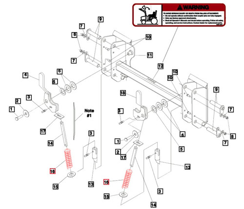 Mahindra KMW05652005 compression spring for pin-on quick attach adapters and skid steer tool carrier attachments on KMW front-end loaders including ML170, ML245, ML255, ML265, ML266, ML270, ML275, ML276, 6075L, 6075CL, 7095/7085, 8100CL, Max 25XL, KMW-1635 and 5145/5155 loaders, used to tension the latch mechanism that locks skid steer buckets and attachments onto the loader.