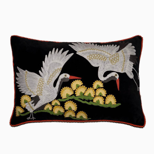 Japanese Crane Black Velvet Cushion
