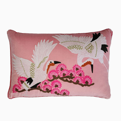 Japanese Crane Pink Velvet Cushion