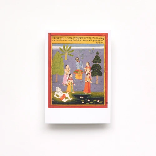 Krishna playing the flute among the gopis while the demon Madhu sits on the riverbank Postcard