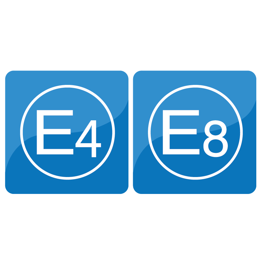 Two shades of blue form a background for the white outline of a circle. Inside the circle in white text is an E and a 4 in the style of the E4 logo for safety certification at internationally-recognized testing standards.