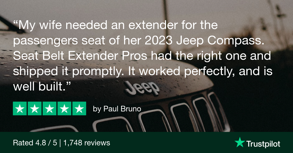 Trustpilot Review that says, My wife needed an extender for the passengers seat of her 2023 Jeep Compass. Seat Belt Extender Pros had the right one and shipped it promptly. It worked perfectly, and is well built.