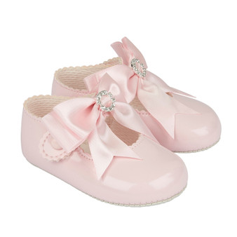 Soft Soled patent pink big bow diamante baby shoe