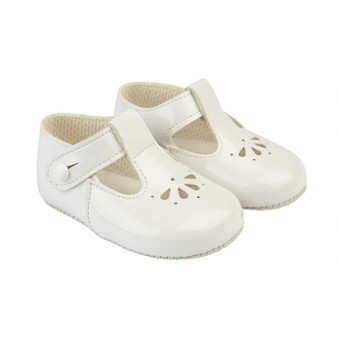Soft Soled petal punch  tbar patent white baby shoe