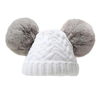 White knit hat with grey faux furdouble pompoms (6-18months)