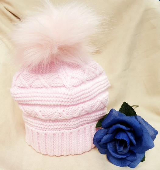 Baby Pink  fancy knit baby hat and faux fur pompom,