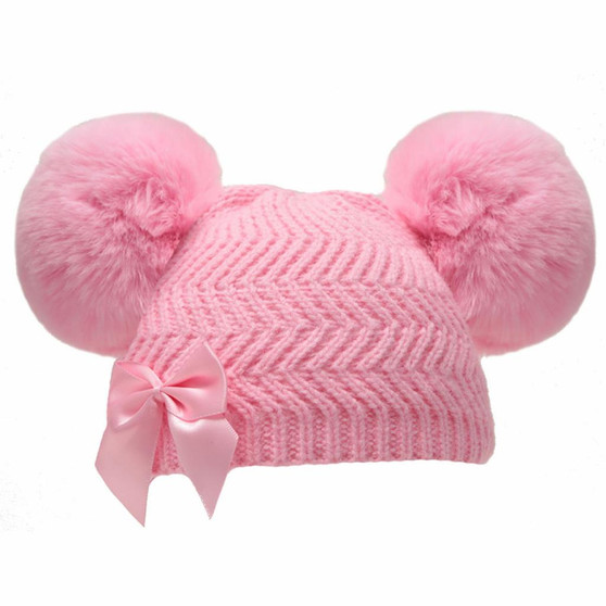 Pink knit hat with Pink faux fur double pompoms and bow detail (NB-6months)