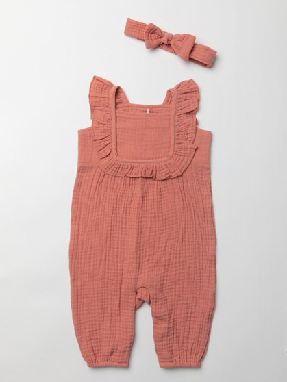 Crinkle Cotton Dungarees in Rose Pink with Headband