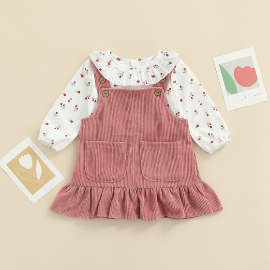 Deep Pink Ruffle dungaree dress 2 piece set