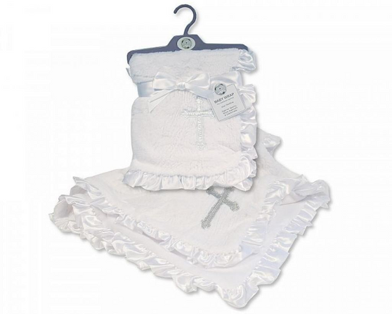 White satin edged baby wrap with cross detail