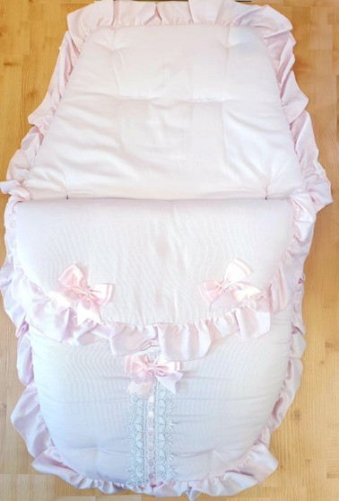 Baby Pink ribbon slot Frilly 3in1 Footmuff, Liner and babynest